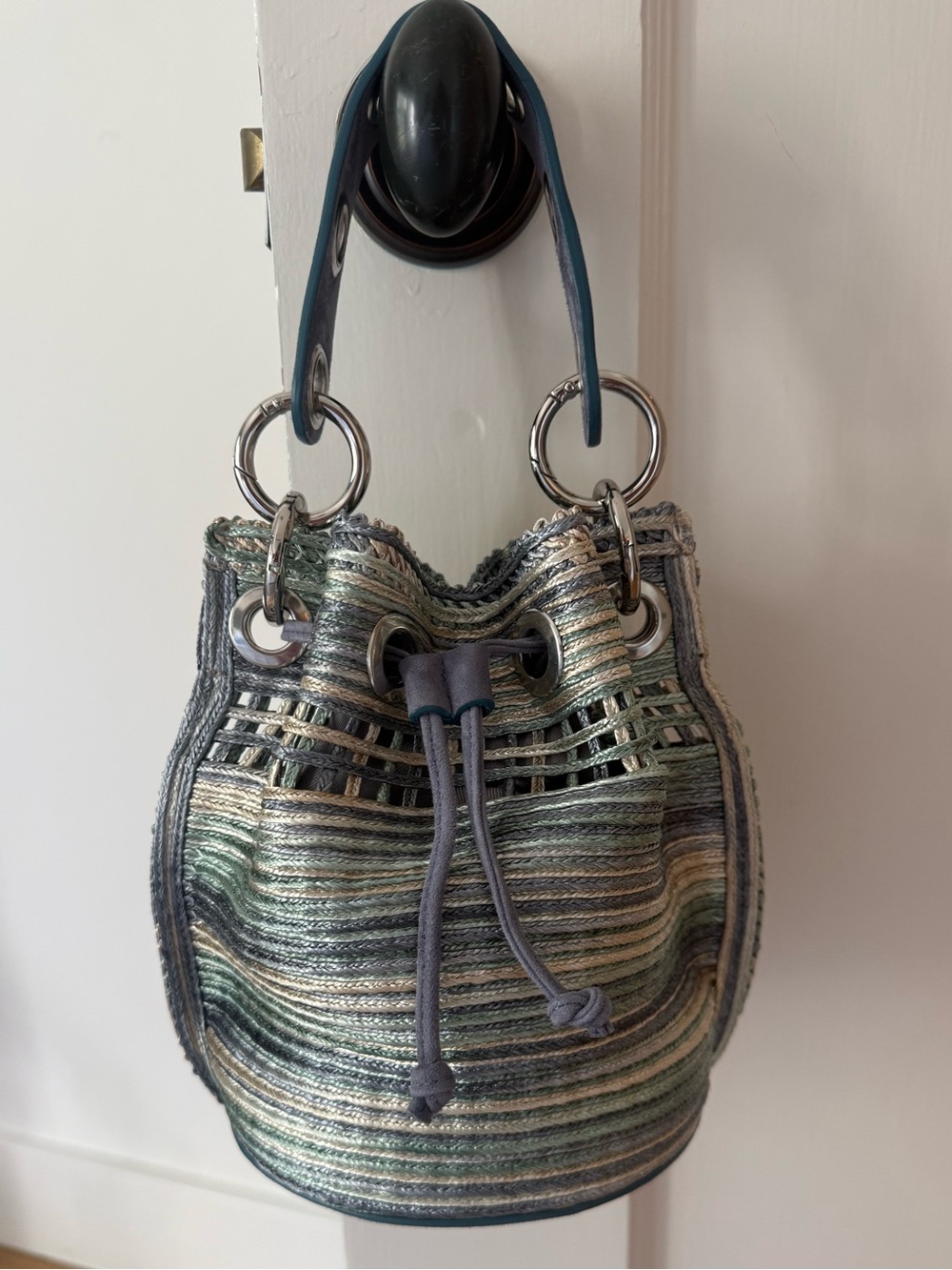 Woven Strip Drawstring European Bucket Bag - Green Multi
